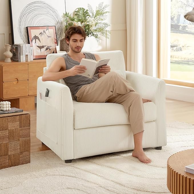 Modern Corduroy Accent Chairs 38 W Comfy Armchair with Soft Pillows and Side Pockets Single Reading Chairs for Living Room Bedroom Apartment Beige