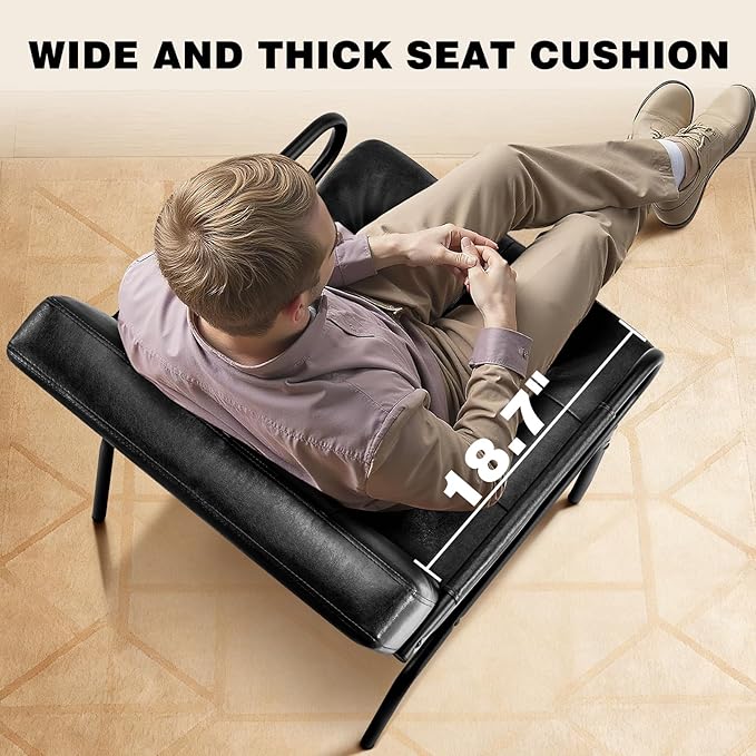 Modern Leather Accent Chair Comfy Reading Arm Chairs Ergonomic Lounge with Extra Soft Pocket Spring Cushion for Living Room Waiting Room Bedroom Office 300lbs Capacity Black