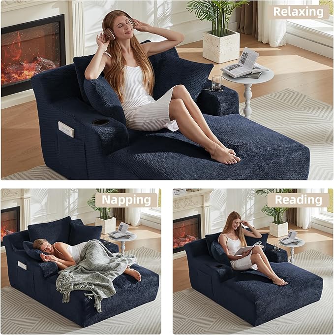 Oversized Chaise Lounge Chair - Upholstered Couch Cloud Boneless CouchDeep Seat Sleeper Sofa with Cup Holders and Side PocketsComfy Reading Chair for Living Room (Dark Blue)