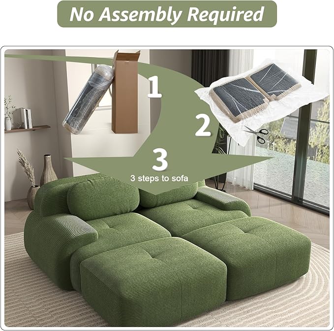 80 Modern Love Seat Boneless Couches for Living Room Corduroy Cloud Couch Sectional Green Modular Sectional Sofa Loveseat Sofa with 2 Ottoman Sofas para Sala Deep Seat Couch (Green 2+2 Set)