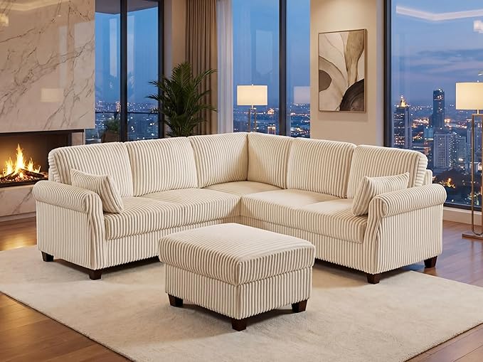 90.6 V-Shaped Modular Sectional Sofa Couch Corduroy Corner Couches with Storage Ottoman 6-Seat Upholstered Oversized Couch Modern Sofa for Living Room Bedroom Apartment Office (Beige)