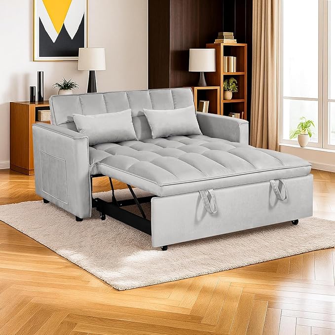 3 in 1 Convertible Sleeper Sofa BedFuton Couch with Pull-Out Bed &amp Adjustable BackrestVelvet Fabric Loveseat Sleeper with Side Pocket for Small Apartment Living Room Office (Light Grey) | Adju