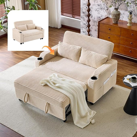 VINGLI Beige Futon Sofa Bed Convertible Loveseat Sleeper Sofa Couch Corduroy Pullout Sofa Fold Out Couch Bed with USB Ports Cup Holders Armrest for Living Room Bedroom Apartment Room | Loveseat Sl