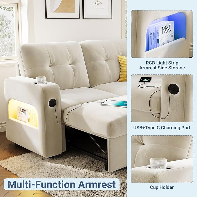 IDEALHOUSE 84 Sleeper Sofa with Storage &amp Charging Station Convertible Sectional Couch Bed with LED Lights Reversible Chaise Pull Out Sofa Bed for Living Room Apartment Velvet Beige