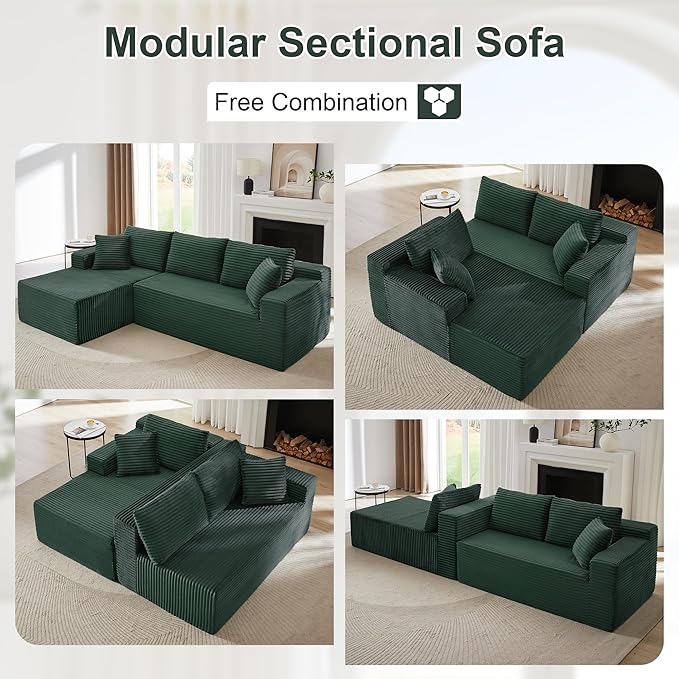 103 W Green Boneless Cloud Sectional Couches for Living Room No Assembly Compressed L Shaped Sofa with Deep Seat &amp Left Chaise Fluffy Corduroy Floor Lounge Sofa for Apartment Office