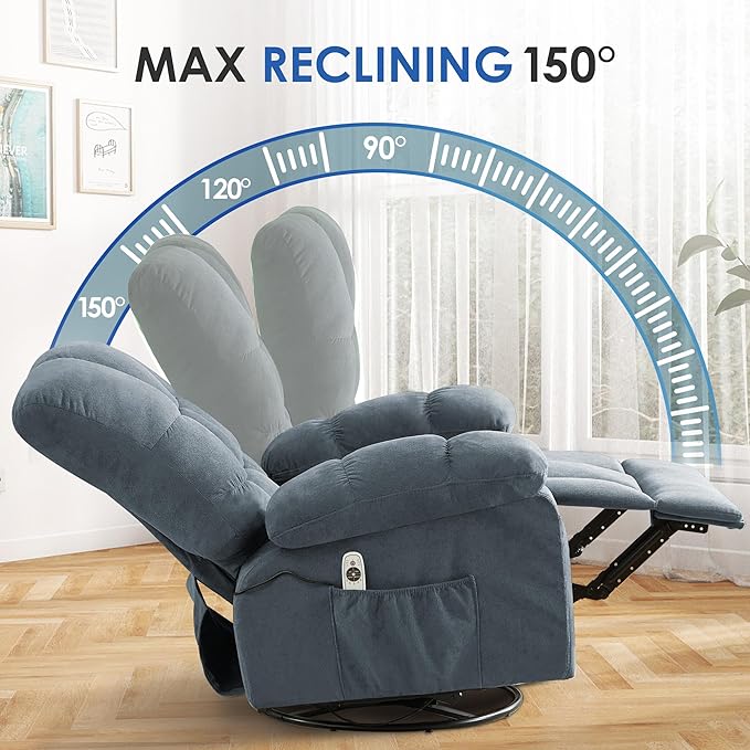 Oversized Recliner Chair with Massage and Lumbar Heating Swivel Rocker Recliner with Remote Control Single Sofa Chair for Adults Seniors Elderly at Living Room Bedroom Study Room