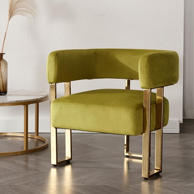 Modern Barrel Accent Chair Living Room Side Chair with Golden Metal Legs Soft Velvet Upholstered Reading Armchair for Bedroom/Reception Room/Lounge/Office Olive
