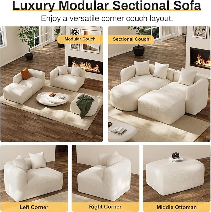 OUYESSIR Modern Oversized Curved Sectional Sofa for Living Room 119 Luxury Plush Chenille Convertible Modular Sectional Sofas with OttomanMinimalist L-Shape Curved Cloud Couch Cream White