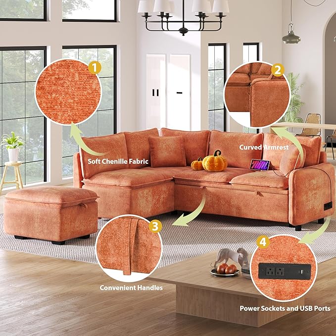 ERYE L-Shaped Corner Chenille Upholstered Sleeper Sectional Sofa Practical Convertible Sleep Sofabed W/Pull Out Sleep Couch Bed Storage Ottoman and USB Charge Ports for Living Room