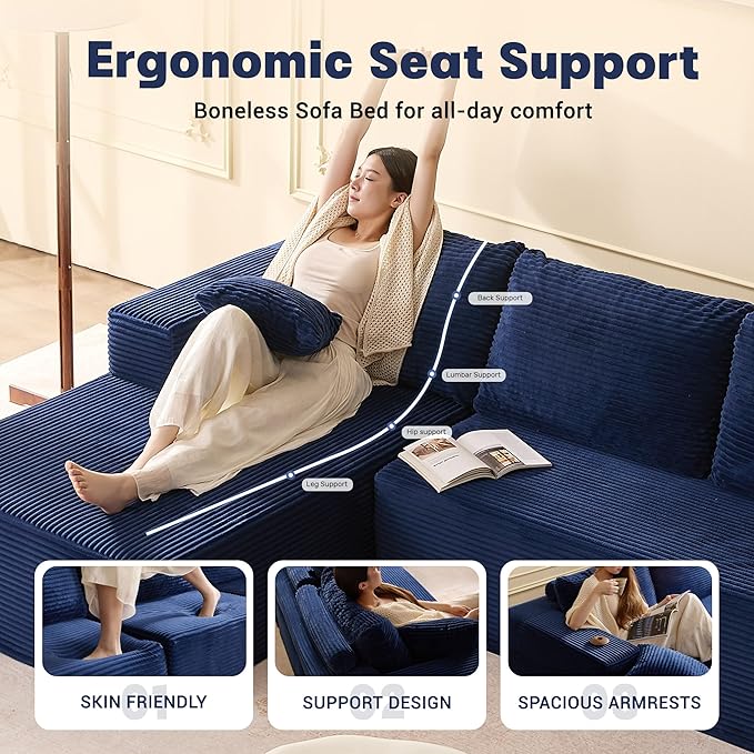 107 Boneless Couch with Deep Seat Set of Modular Sectional Sofa Cloud Sectional Couch for Living Room No Assembly Required Corduroy L-Shape Left Blue