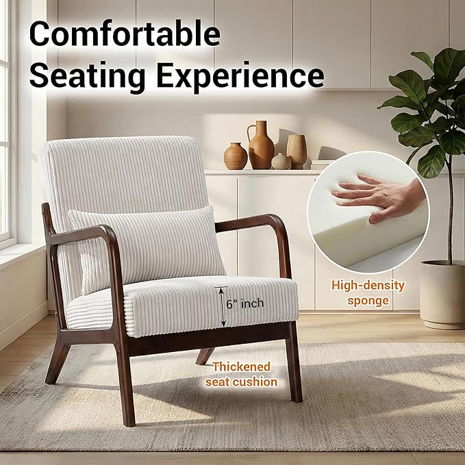 Accent Chair with Side Table Comfy Arm Chair with Solid Wood Frame Upholstered Mid-Century Modern Chair for Living Room Bedroom Waiting Room Beige