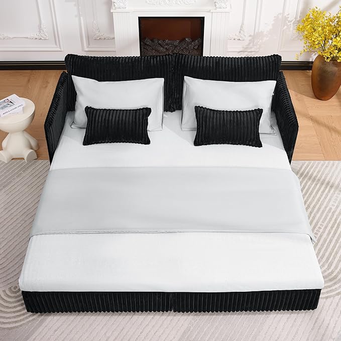 KEIKI 73 3-in-1 Pull Out Sofa Bed Convertible Corduroy Sleeper Sofa with USB Ports &amp Side Pockets Modern Futon Couch for Living Room Apartment or Bedroom Black