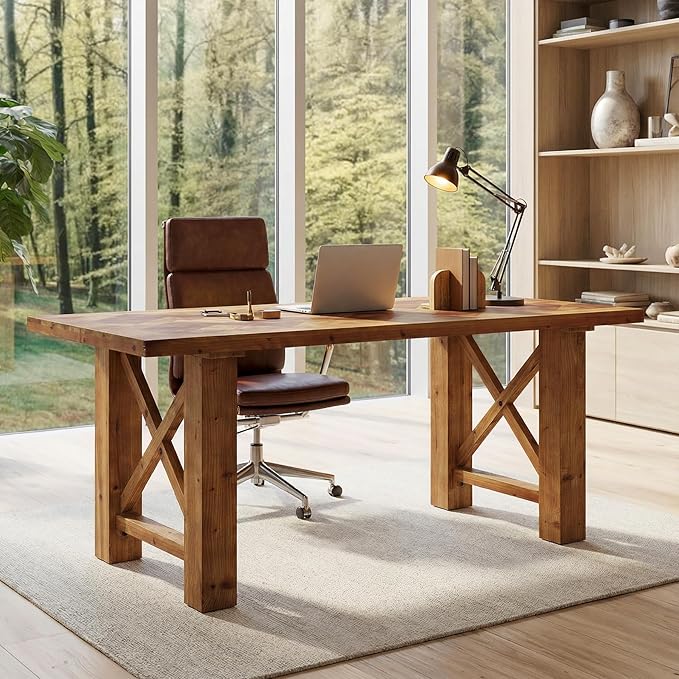 63-Inch Computer Desk Solid Wood Office Desk with Parquet Top and X-Shaped Legs Modern Executive Study Table for Home Office Large Legroom Brown