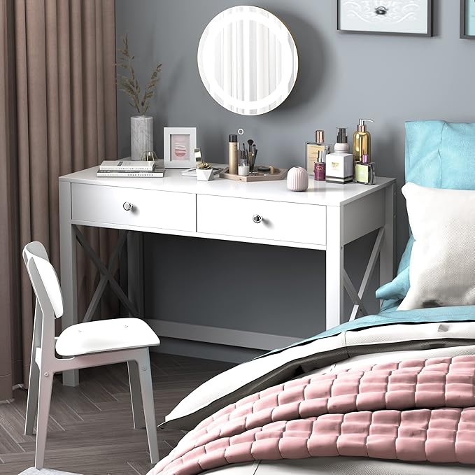 WiberWi Home Office Desk with Drawers White Modern Writing Computer Desk Small Makeup Vanity Table for Bedroom Study Table for Home Office