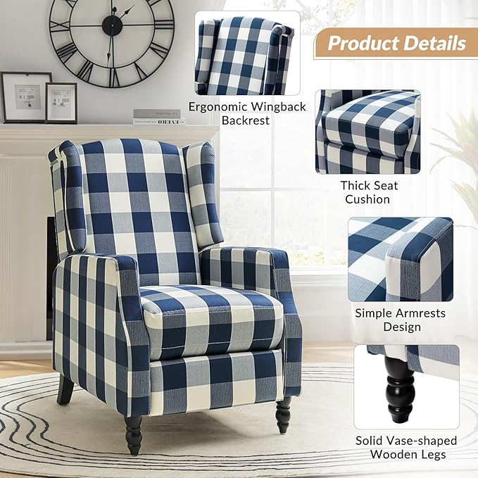 HULALA HOME Wingback Recliner Chairs Set of 2 Traditional Push Back Recliners with Solid Wood Legs Modern Lounge Armchairs for Living Room Comfy Upholstered Accent Reclining Chairs Buffalo Navy