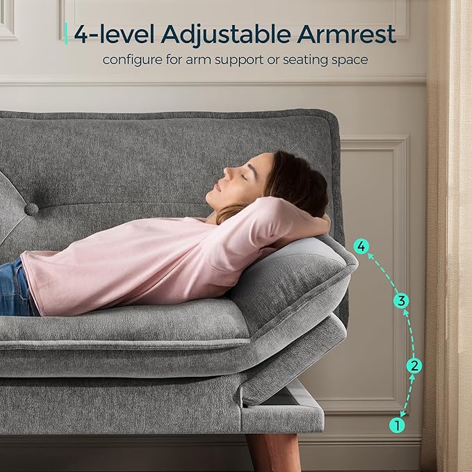 LINSY HOME Futon Sofa Bed 70 Futon Couch with Adjustable Backrest and Armrest Comfy Loveseat Convertible Folding Sleeper Sofa Couches for Small Spaces Living Rooms Apartment Office Grey