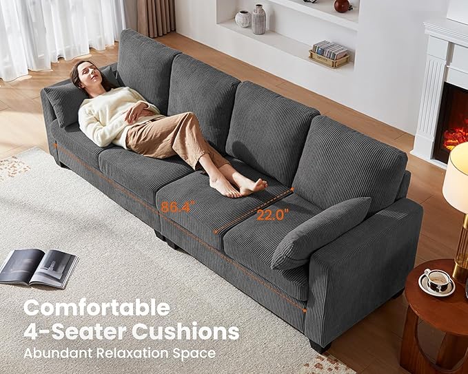 CHIC HOUSE Corduroy Modular Sectional Couch with Ottoman Chaise L/U Shaped Sleeper Sofa for Living Room Apartment Lounge Modern Armrest Neck Support Furniture (Dark Grey5 Seater Sectional)