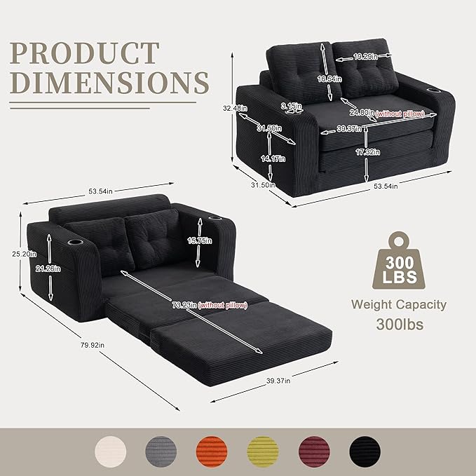 53'' Folding Sofa Bed Boneless Loveseat Sleeper Sofa 2 in 1 Convertible Foldable Pull Out Sofa Bed with Pillows Comfy Cloud Floor Couch for Living Room Small Space No Assembly (Black)