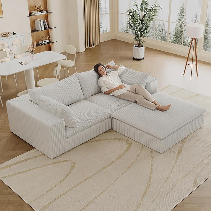 78.8 Modular Cloud Couch L Shaped Boneless Sectional Sofa with 1 Ottoman &amp 2 Deep Seat No Assembly Required Corduroy Soft Sectional Couches for Living Room Bedroom White