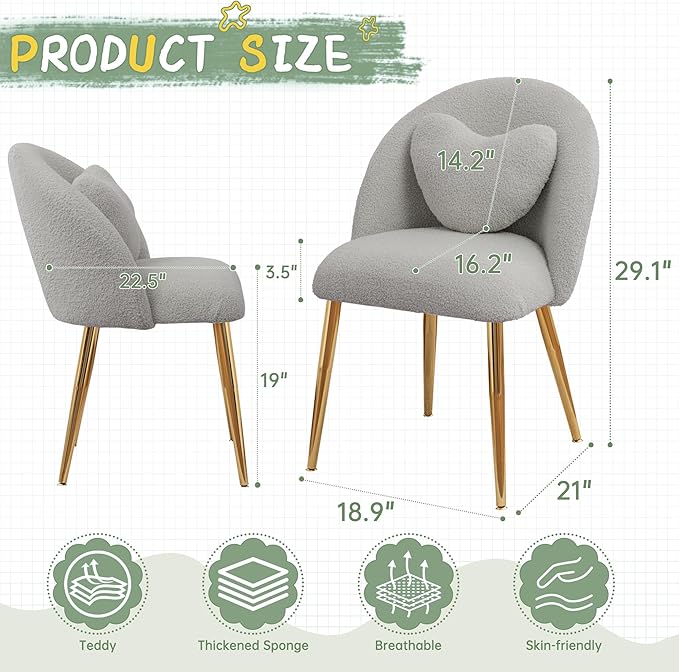 Vanity ChairAccent Makeup Comfy Cute Desk Girls Fluffy Chairs for Bedroom No Wheels Gold Metal Legs Stool (Teddy Grey)