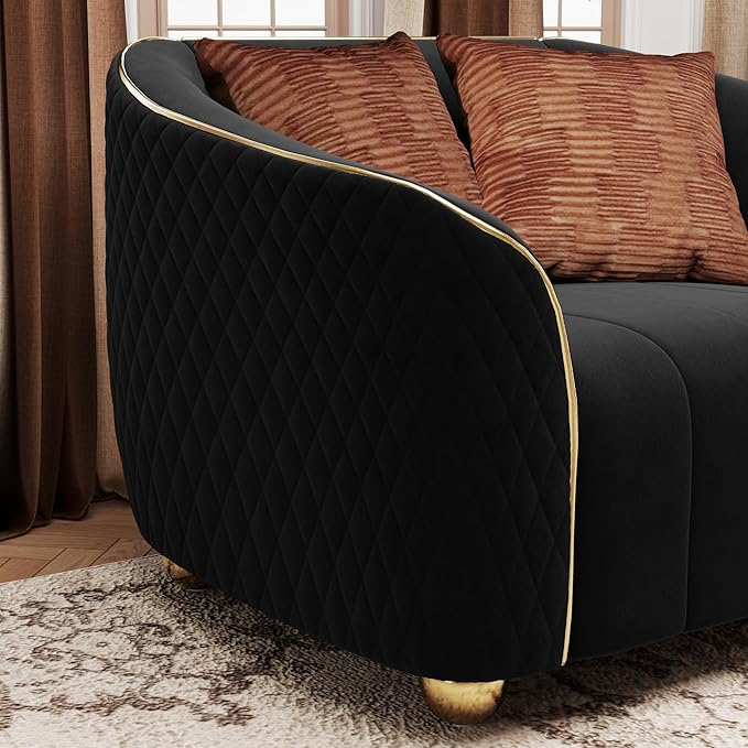 1-Piece Luxury Velvet Sofa Set for Living Room Elegant Design with Diamond-Stitched Armrests &amp Gold Trim Modern Black Couch Set with Golden Metal Legs (Black 1 Seater)