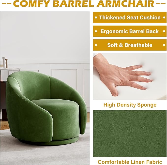 UIXE Swivel Accent Chair Velvet Barrel Chair Upholstered Arm Chair for Living Room Modern Round Club Chair with Turntable Base - Green Set of 2