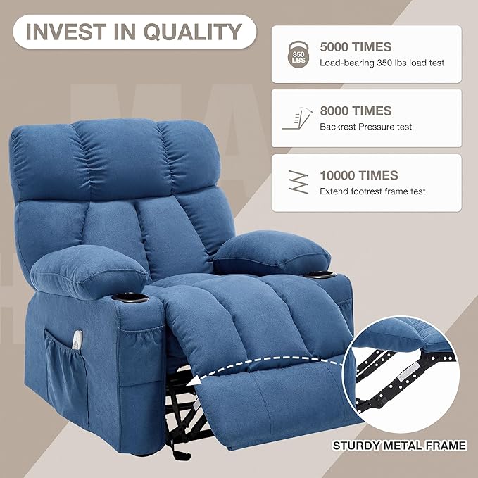 Massage Rocker Recliner Chair with Heat and Vibration Ergonomic Rocking Lounge Chair for Living Room Comfy Overstuffed Recliner with 4 Side Pockets2 Cup Holders USB Charge PortBlue