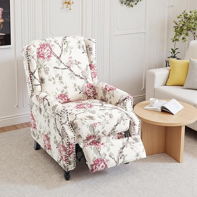 Pushback Recliner Chair Floral Fabric Wingback Recliner Chair Upholstered Rivet Trim Armchair Push Back Recliner Accent Chair for Living Room Small Spaces Plants Floral