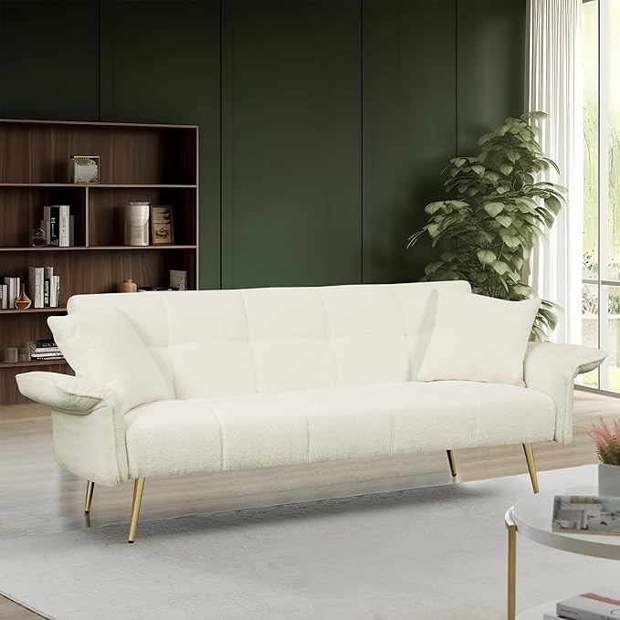 Convertible Sofa Bed Futon Couch Bed with Adjustable Arms and Backrest Modern Love Sofa with Gold Metal Legs for Living Room Bedroom (Teddy Fabric in Beige 70.1 Wx31.1 Dx31.5 H)