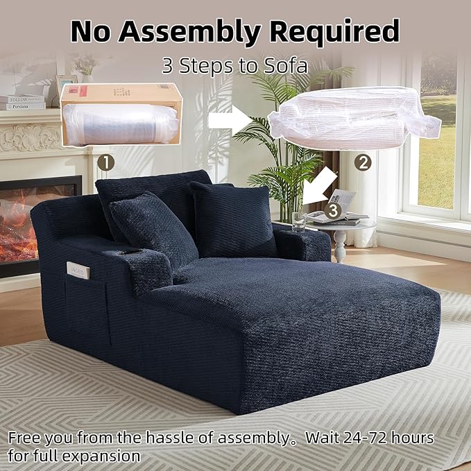 Oversized Chaise Lounge Chair - Upholstered Couch Cloud Boneless CouchDeep Seat Sleeper Sofa with Cup Holders and Side PocketsComfy Reading Chair for Living Room (Dark Blue)