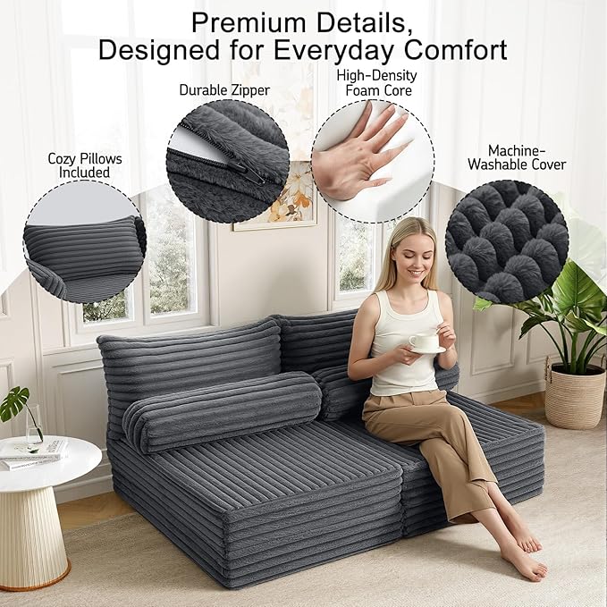 MeMoreCool Convertible Sofa Bed Folding Floor Couch Bed Queen Pull Out Sleeper Couch with Pillows Fold Out Futon Sofa for Bedroom Living Room Small Space Corduroy Grey