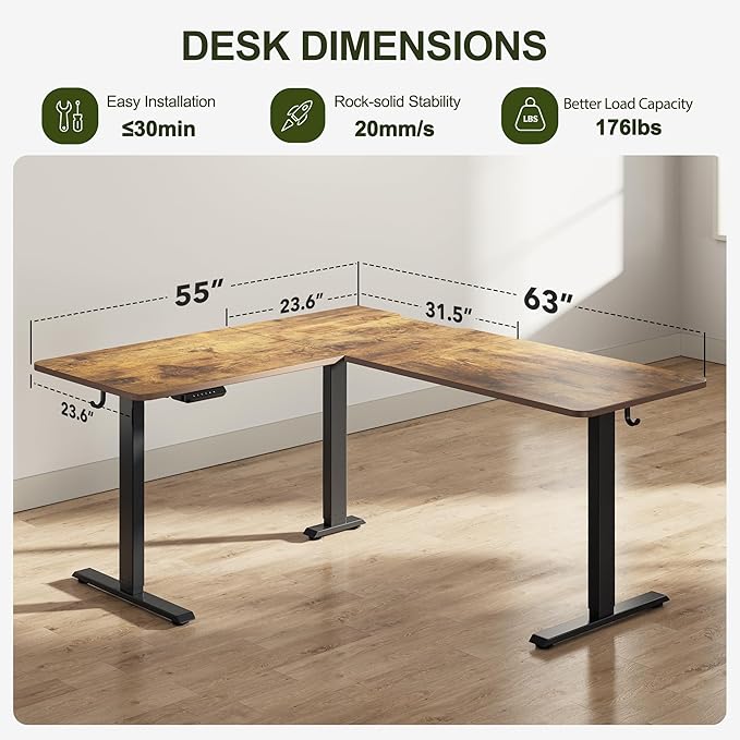 BANTI L-Shaped Standing Desk - 63 x 55 Inch Adjustable Corner Standing Desk with Charging Station - L Shape Sit Stand Table with Memory Controller Splice Board for Home Office Rustic Brown