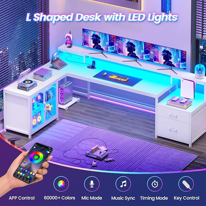 SEDETA 78.7” Large Gaming Computer Desk with Storage Drawers Reversible L Shaped Office Desk with Display Cabinet and Power Outlet Corner Gaming Desk with LED Lights for Home Office White