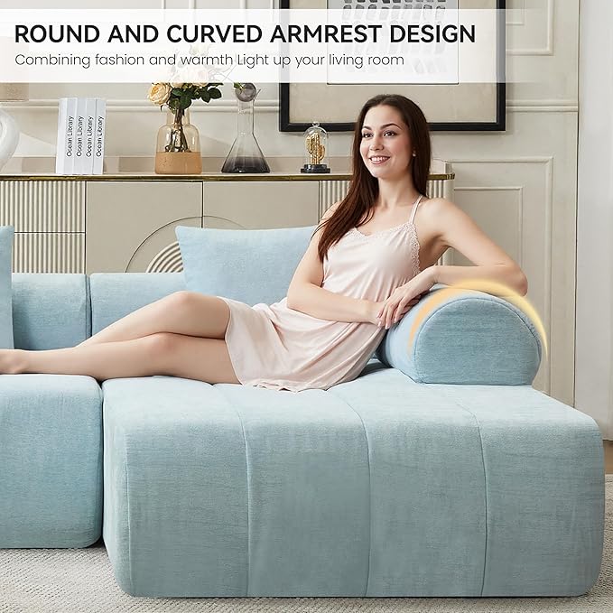 119'' Boneless Curved Sectional Couch Cloud Deep Seat L Shaped Sofa with Right Chaise LoungeModular Compression Couch for Living Room No Assembly Blue