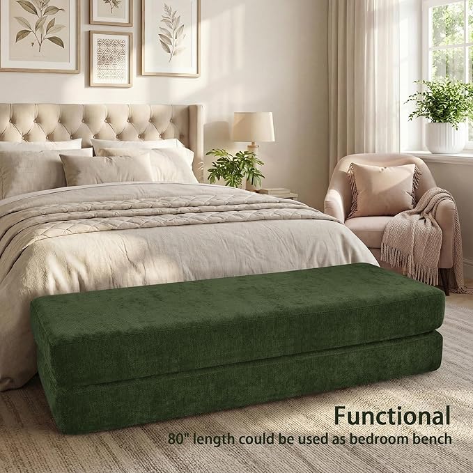 Convertible Chaise Lounge Chair Indoor Boneless Cloud Couch with 2 Pillows Sleeper Sofa for Living Room Bedroom Reading Nook- No Need Assembly (Green)