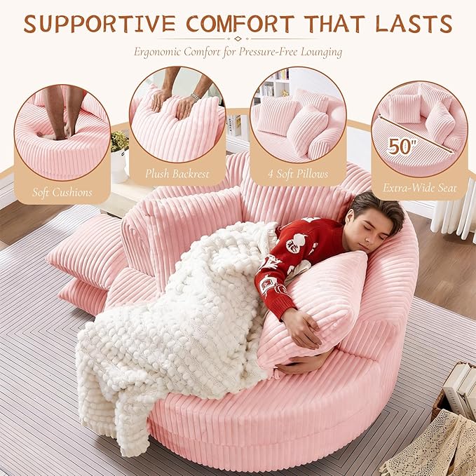 360 Degree Oversized Swivel Chair 50 Round Lounge Chair Modern Accent Circle Chair W/ 5 Pillows Upholstered Corduroy Sofa Chair for Living Room Bedroom Apartment Pink