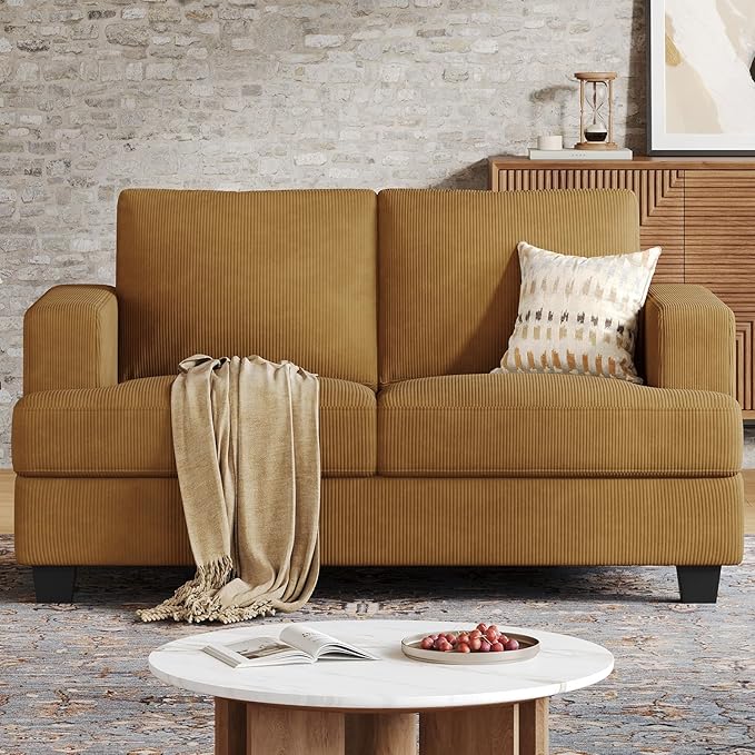 63 Inch Sofa with Extra Deep Seats Oversize Corduroy Fabric 2 Seater Sofa for Living RoomModern Couch and Loveseat Comfy Armrests and Seats and Backrests Easy Installation Ginger Yellow