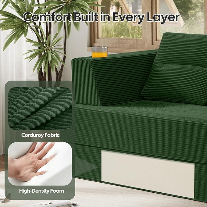 COMAX Futon Sofa Bed Queen 79 Convertible Sofa Bed Couches for Living Room 4 in 1 Folding Boneless Sleeper Corduroy Couch Loveseat Foam In a Box Comfy Foldable Lounge Fold Out Floor Mattress Green