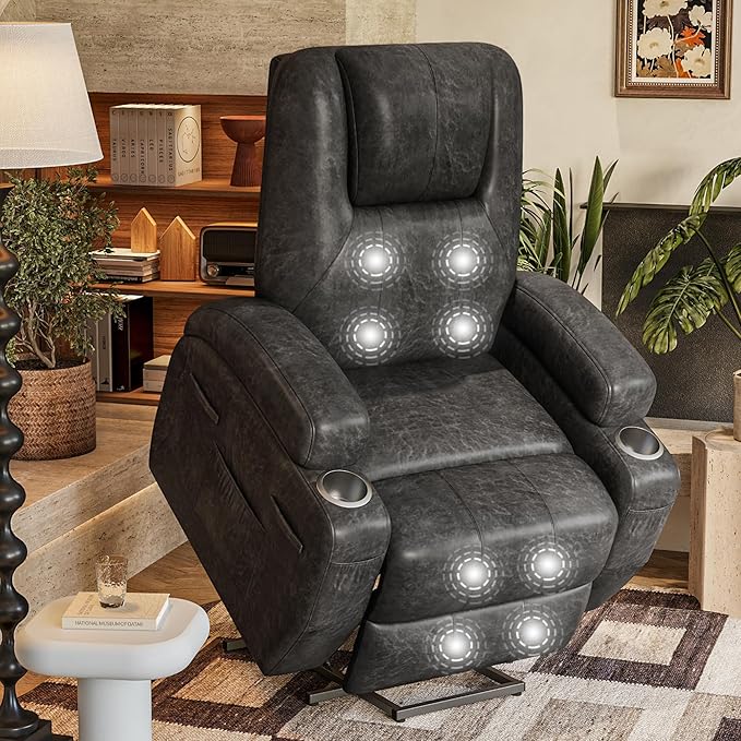 Electric Power Lift Recliner Chair with Massage for Elderly Corduroy Fabric Recliner Single Sofa with Cup Holders Side Pockets and Remote Control for Living Room Bedroom (Leathaire Dark Gray)