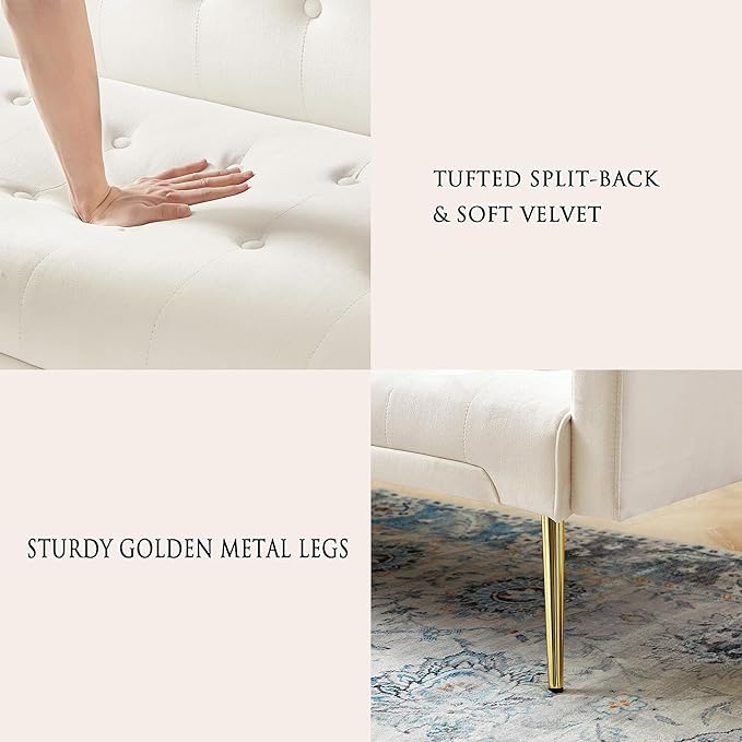 72Modern Velvet Sofa Bed FutonConvertible Folding Sleeper Bed Couches with 3 Adjustable BackrestsTufted Recliner Loveseat with Golden Chrome Legs for Small Living Room Office (Beige+buttons tufted)