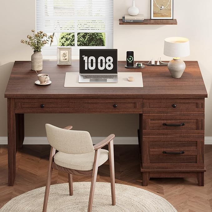 53.5 Executive Desk with Power Outlet Home Office Desk with Drawers Wooden Work Desk with File Cabinet Computer Desk for Work Study Writing Brown