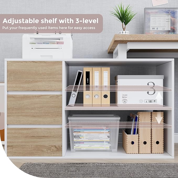 Home Office Computer Desk Corner Desk with 3 Drawers and 2 Shelves 53-inch L-Shaped Study Desk with Storage White + Walnut