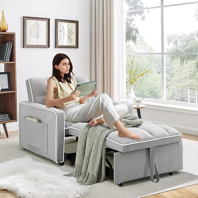 3 in 1 Convertible Sleeper Sofa Chair BedVelvet Tufted Upholstered Pull Out Sleeper Chair with Adjustable Backrest &amp Side PocketsModern Recliner Lounger Bed for Living Room/Office/Small Space(Gr