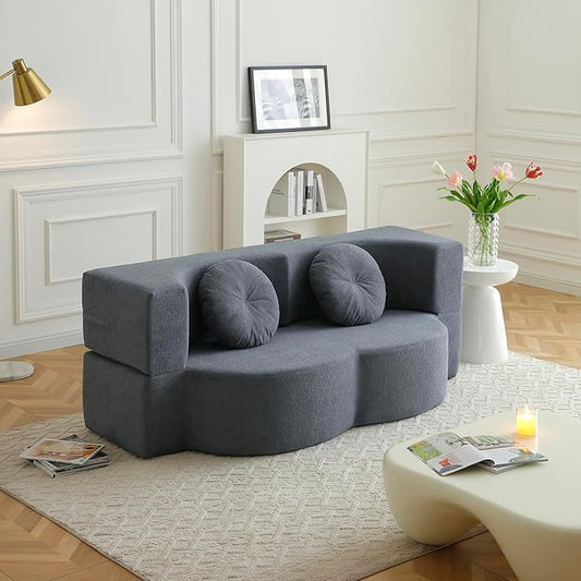 KEIKI 2-in-1 Folding Sofa Bed with Pillow Queen Sleeper Sofa Floor &amp Futon Loveseat Couch Foam Folding Mattress for Living Room Guest Use Office Apartment No Assembly Required Grey