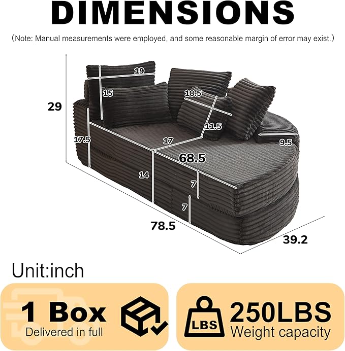 78.5 Oversized Round Chaise LoungeModular Convertible 2-in-1 Sofa Bed Upholstered CorduroyBoneless Plush Couches with PillowNo Assembly RequiredRAFBlack