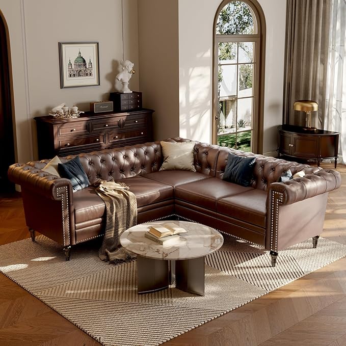 Faux Leather Sectional Sofa Couch for Living Room L Shaped Reversible Modern Chesterfield Sofa with Rolled Arms and Nailhead 5 Seat Tufted Couch for Small or Large Space (Dark Brown)