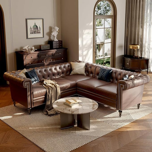 Faux Leather Sectional Sofa Couch for Living Room L Shaped Reversible Modern Chesterfield Sofa with Rolled Arms and Nailhead 5 Seat Tufted Couch for Small or Large Space (Dark Brown)