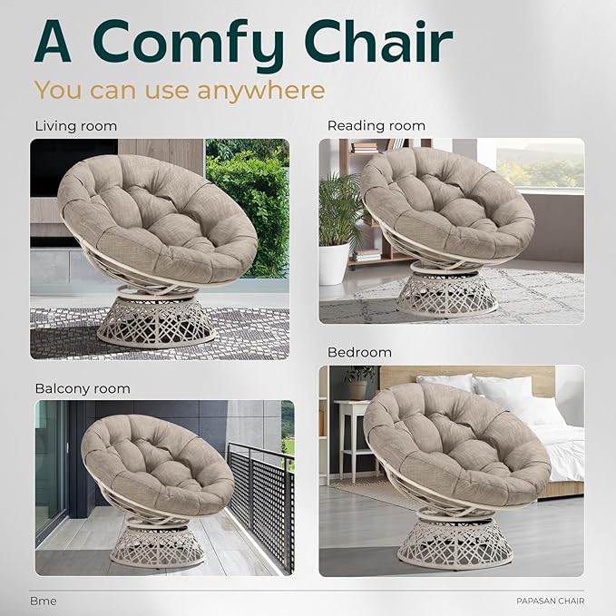 Bme 40 Ergonomic Wicker Papasan Chair with Soft Thick Density Fabric Cushion High Capacity Steel Frame 360 Degree Swivel for Living Bedroom Reading Room Lounge