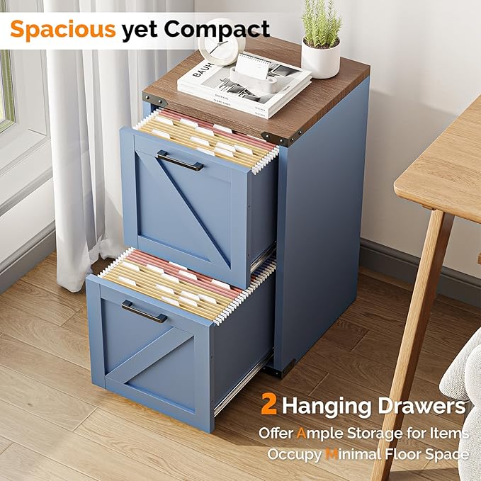 VINGLI 2 Drawer Farmhouse Metal File Cabinet Home Office Filing Organizer for Letter File Folder Storage Printer Stand with Drawers Archivador Vertical Filing Cabinet for Study Business (Blue)