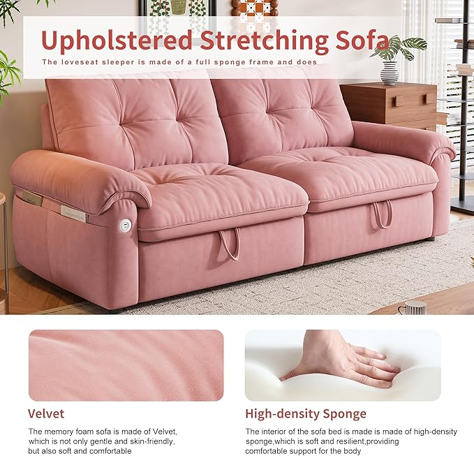 78'' Convertible Sofa Bed 2-in-1 Velvet Sleeper Sofa for Small Spaces Modern Loveseat &amp Guest Bed Apartment &amp Dorm Furniture Pink